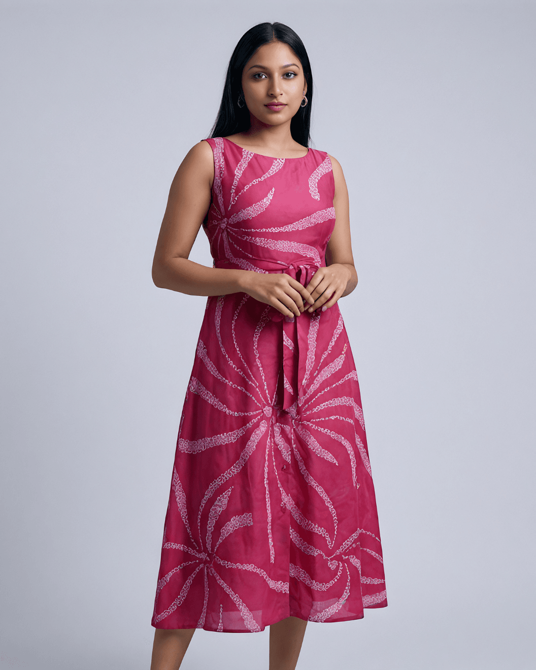 Kiaraah Eha Pink Cotton Silk Maxi Dress with White Abstract Print Sleeveless Boat Neck and Self-Tie Belt