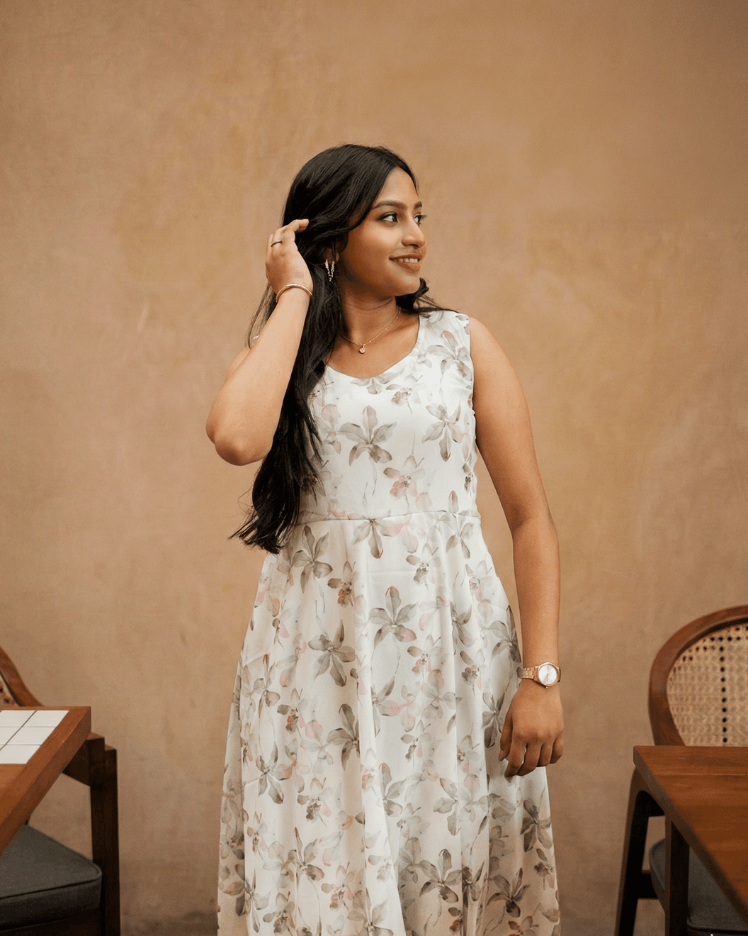 Anira Kiaraah Anira Floral Maxi Dress in Green and Lavender Orange Chiffon with Sleeveless Bodice and Cinched Waist