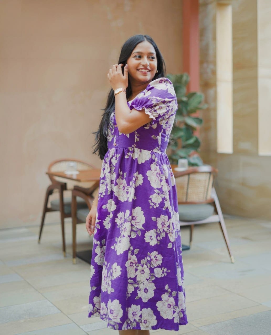 Kiaraah Ira Purple Vatican Print Maxi Dress with White Floral Design and Short Sleeves