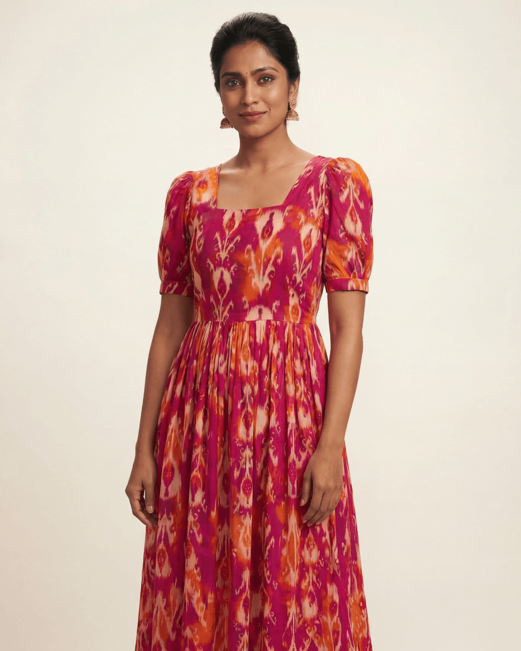 terra Kiaraah Terra Rayon Maxi Dress with Ikat-Inspired Motif in Ochre and Crimson with Square Neckline and Puff Sleeves
