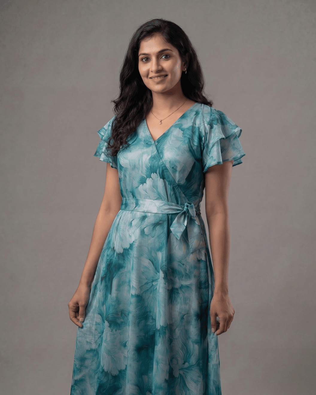 Kiaraah Aura A-Line Wrap Maxi Dress in Orange Chiffon Foil with V-Neckline and Flutter Sleeves