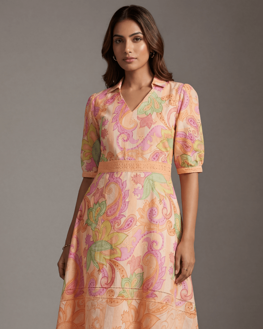 Kiaraah Lola Hakkoba Maxi Dress in Pastel Floral Print on Peach Base with Shirt Collar and Lace Waist Detail
