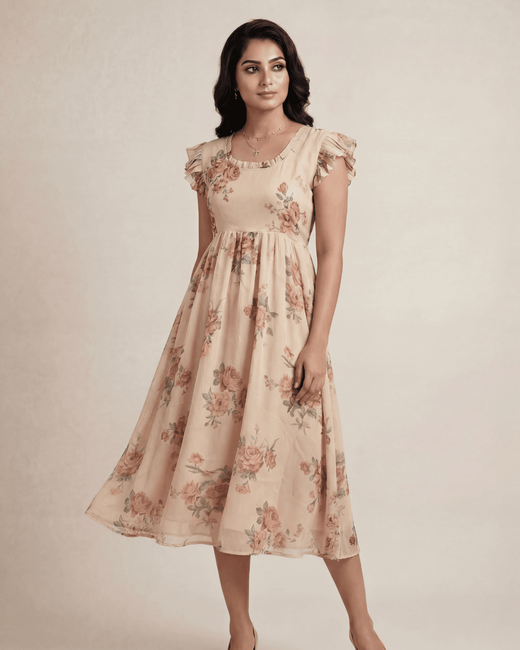 1 Kiaraah Mirel Pure Viscose Jute Dress with Vintage Floral Print Flutter Sleeves and Pleated Skirt