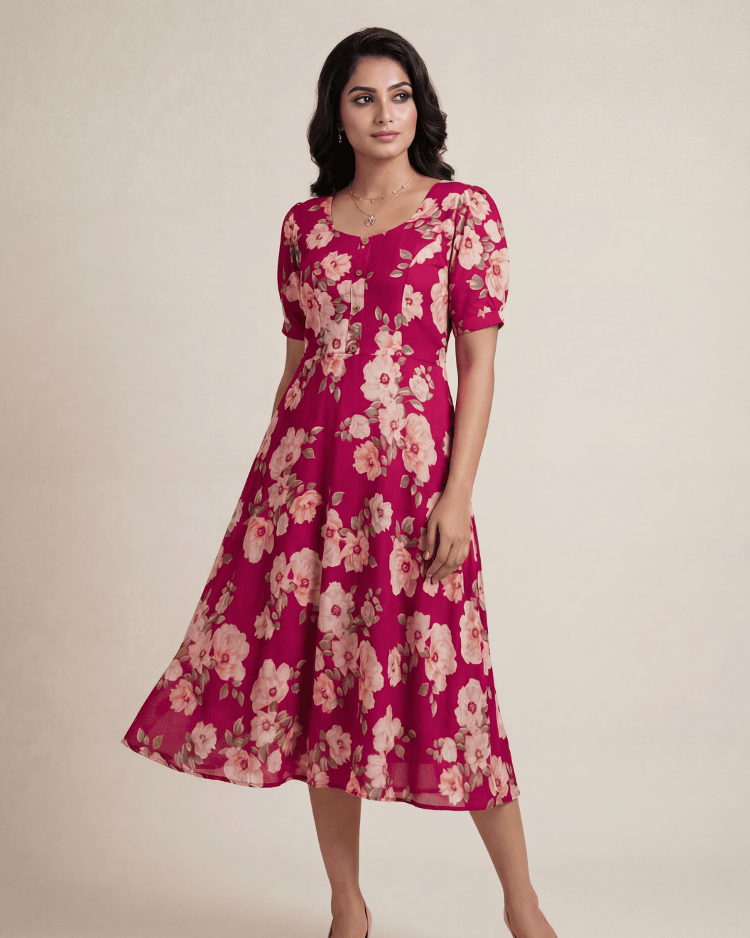 Kiaraah Ira Crimson Vatican Print Maxi Dress with Romantic Floral Blooms and Puff Sleeves