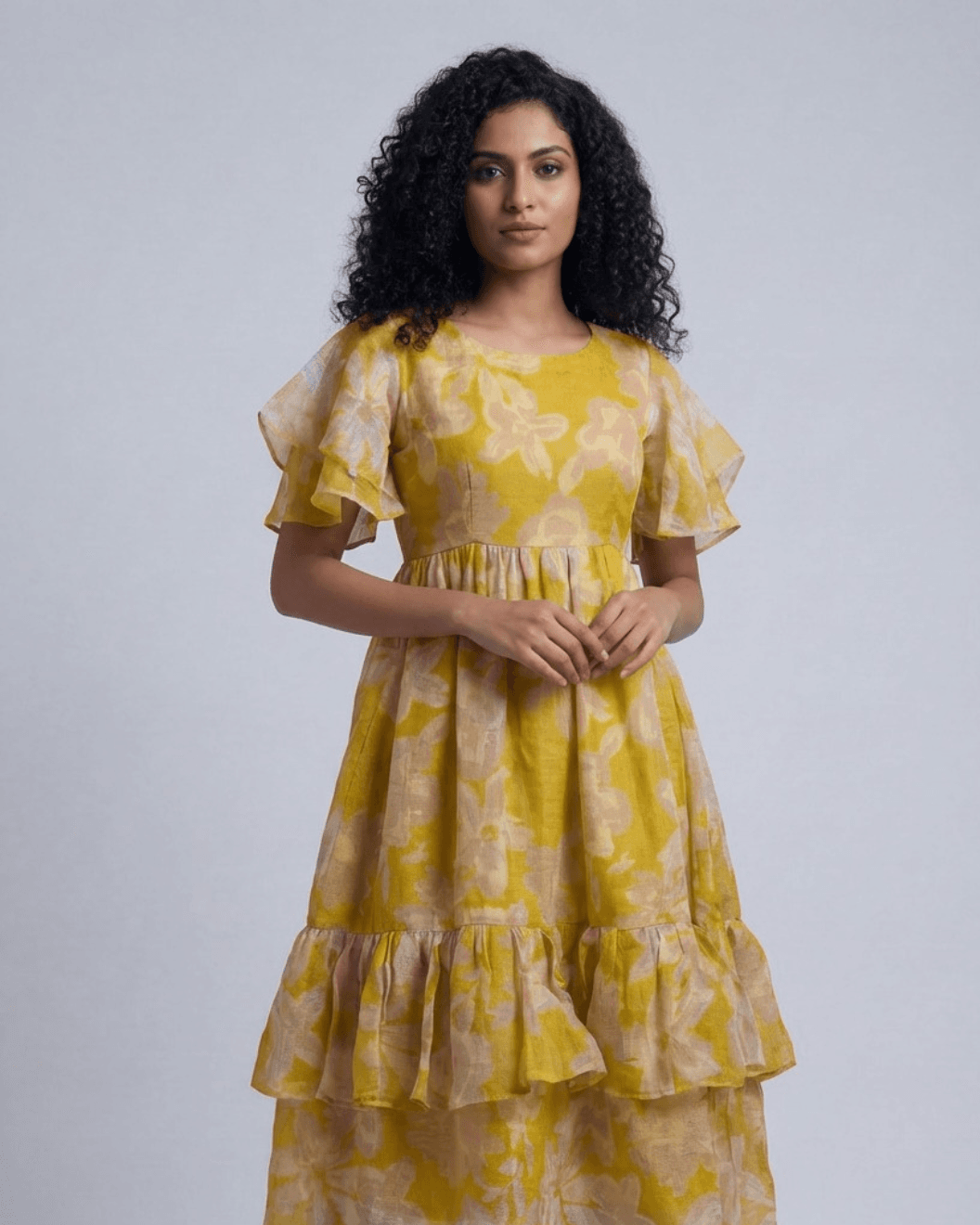 Kiaraah Mirel Mustard Yellow Floral Pure Viscose Jute Midi Dress with Flutter Sleeves and Tiered Ruffled Hem