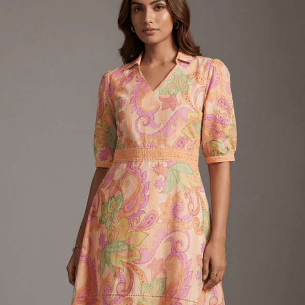Kiaraah Lola Hakkoba Maxi Dress in Pastel Floral Print on Peach Base with Shirt Collar and Lace Waist Detail